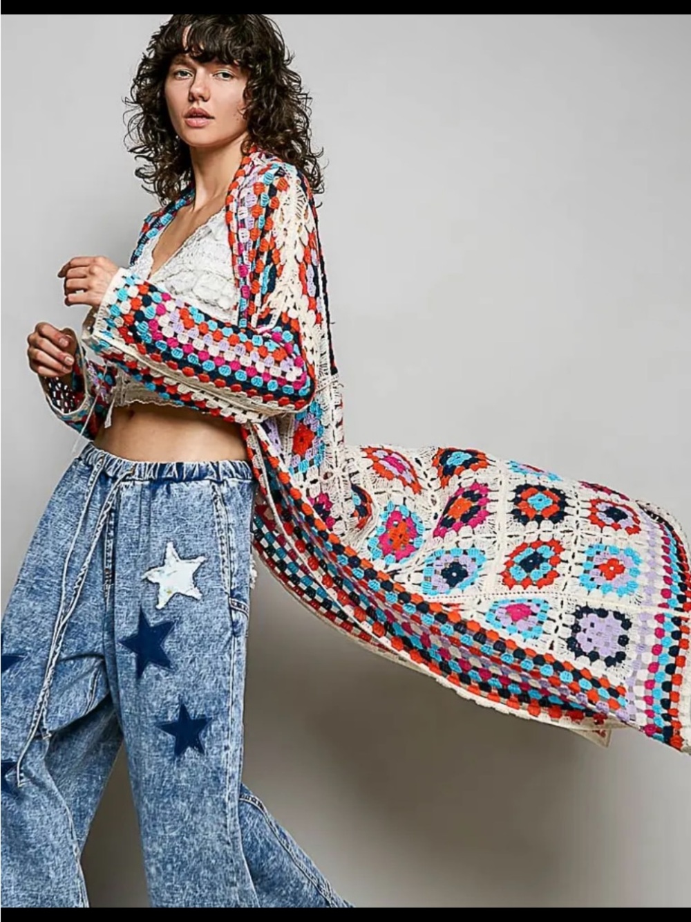 Pol Clothing Colorful Crochet Duster Cardigan - White Multicolor